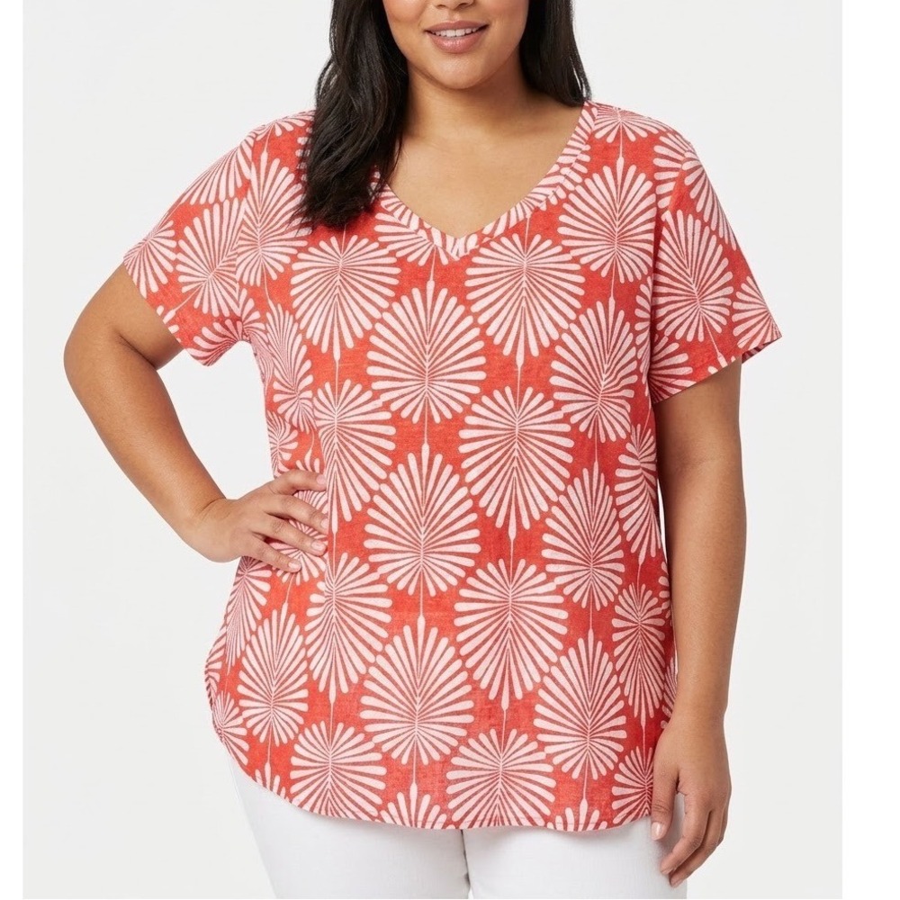 Joie Womens 2X Red White Palm Leaf Print 100% Linen V-Neck Short Sleeve Top